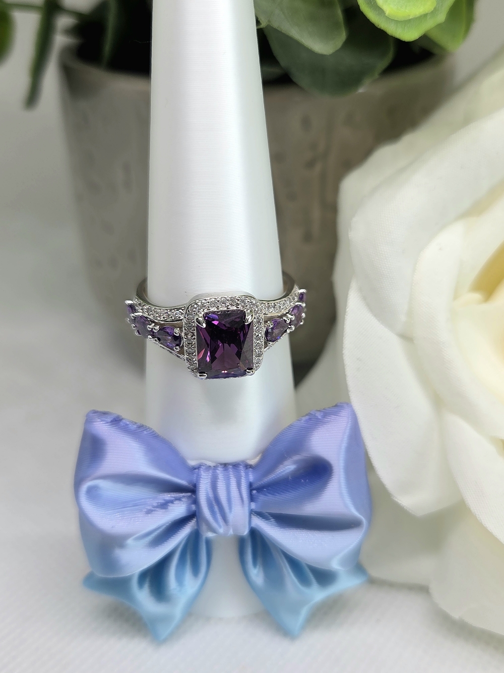BP Amethyst CZ Halo Ring On Rhodium Plating